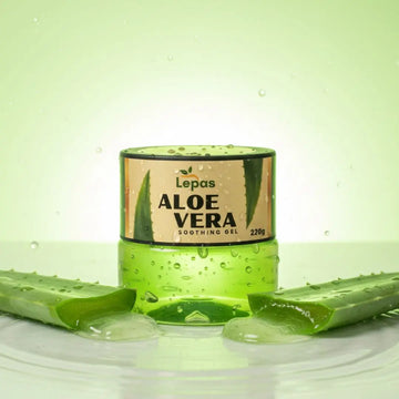 Lepas Aloe Vera soothing gel jar with aloe vera leaves on a green background
